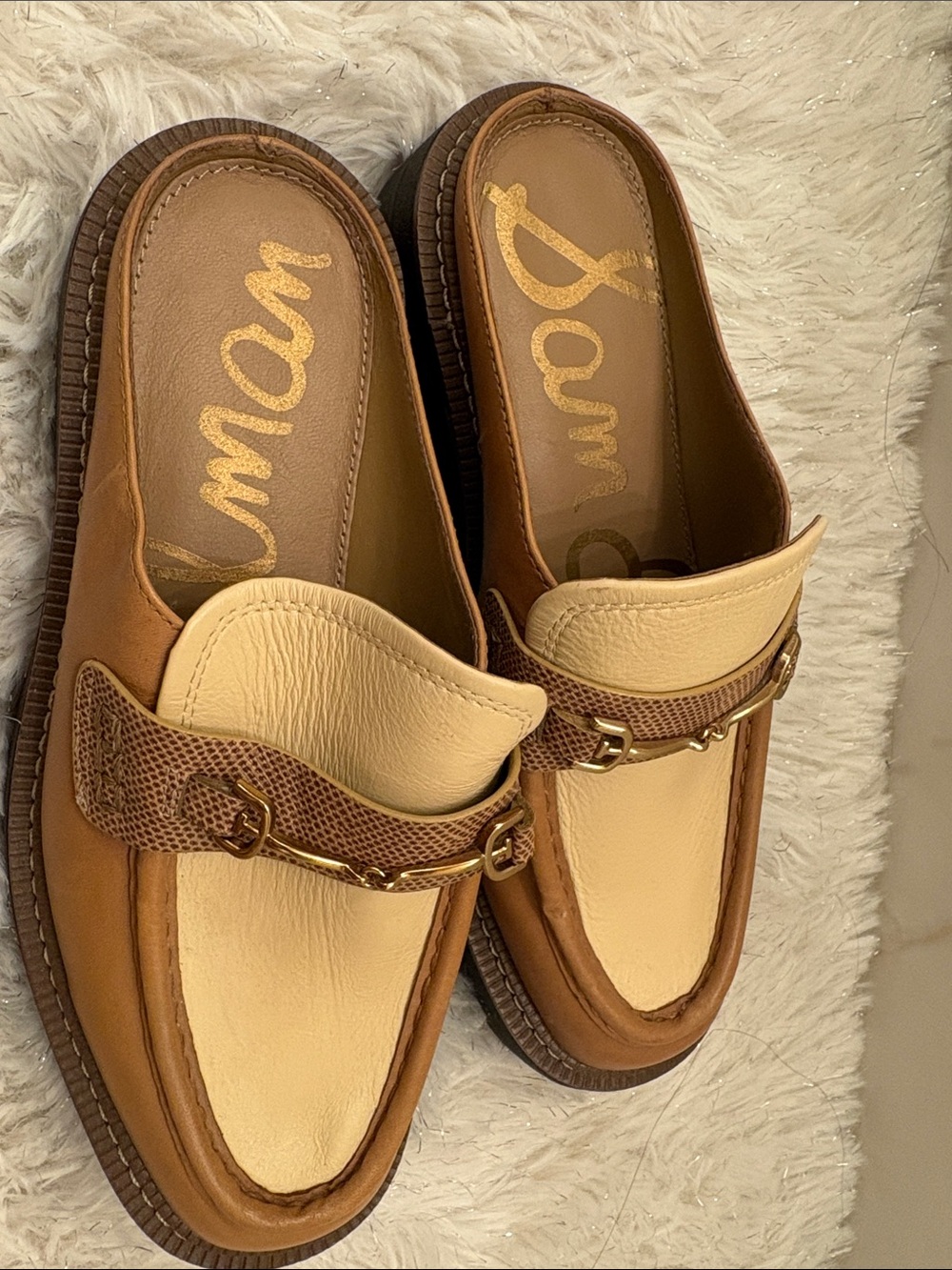 Sam Edelman Two-Tone Tan & Cream Leather Bit Loafers